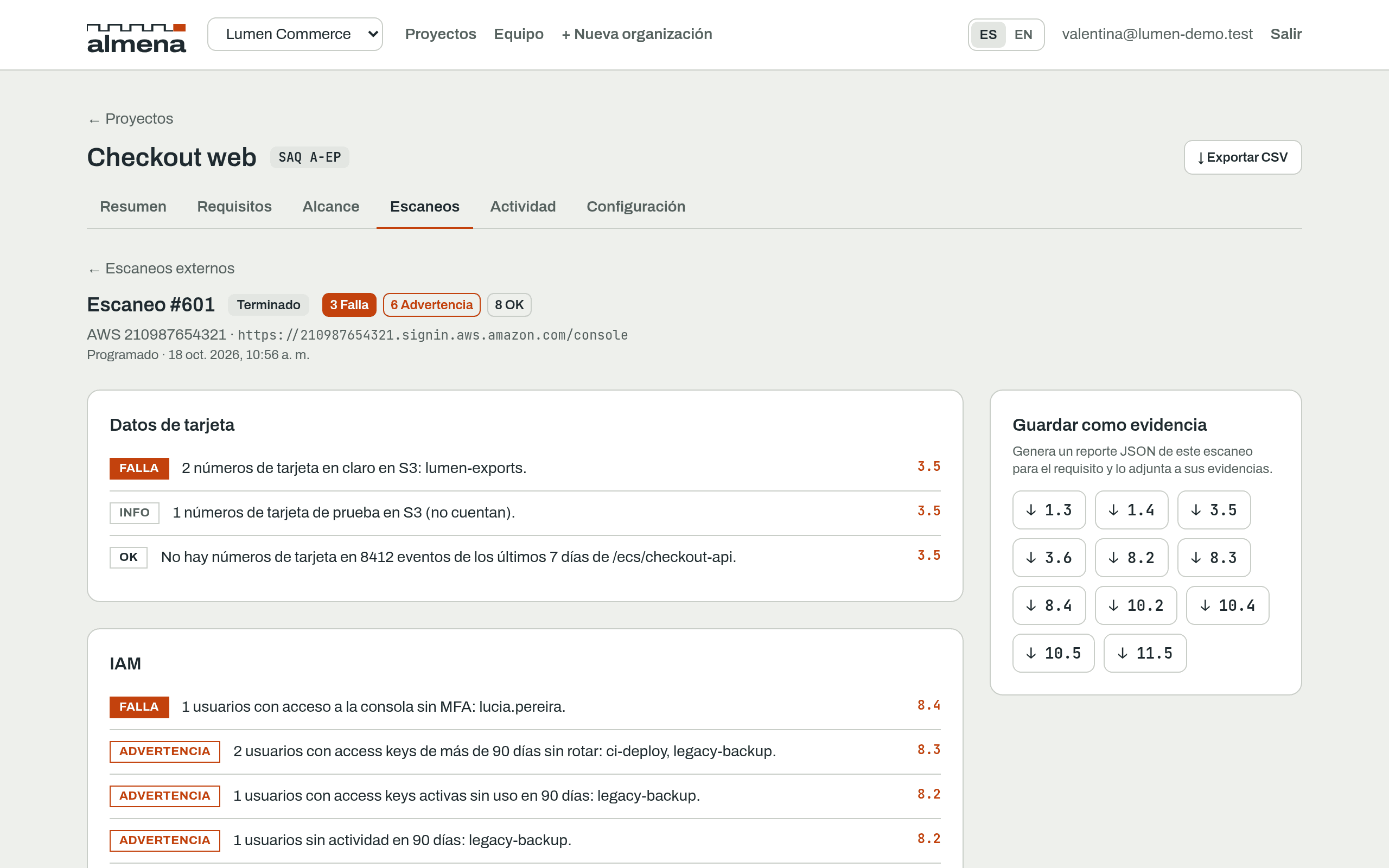 Ronda sobre una cuenta de AWS con hallazgos de IAM, CloudTrail y red