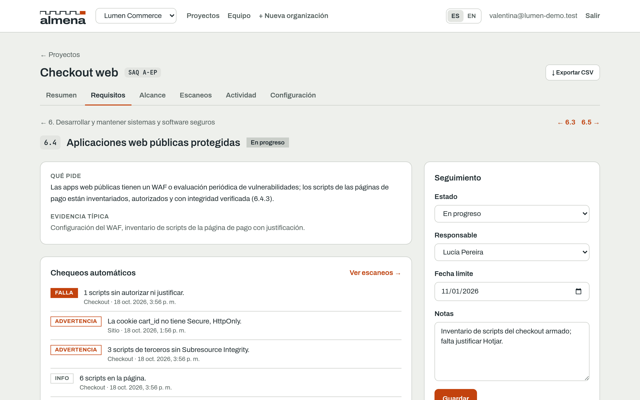 Requisito 6.4 con sus chequeos automáticos, estado y responsable